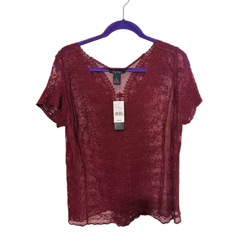 It's Pink Top Sheer Burgandy with Embroidery Boho Casual JR XXL NWT